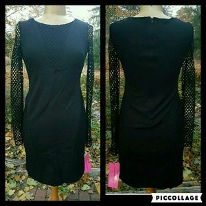 Betsey Johnson Black Netted Macrame Sleeve Gothic Secretary Bodycon Dress NWT